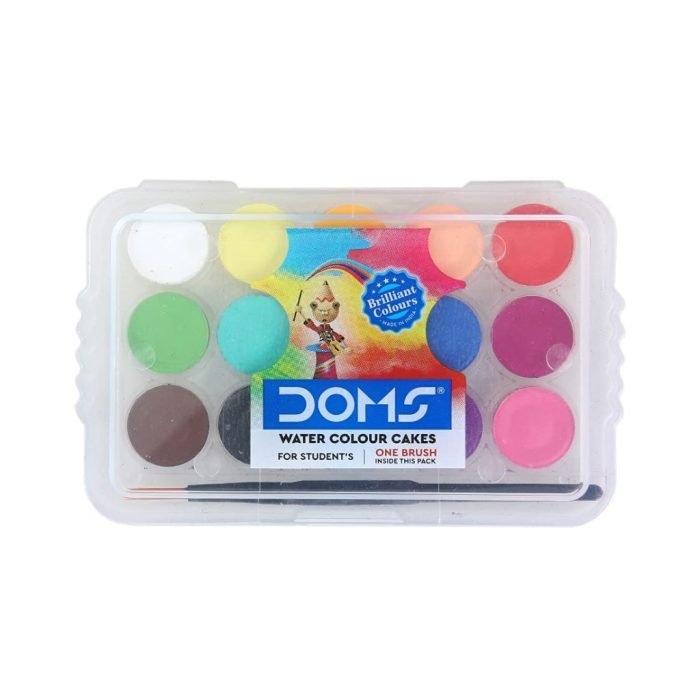 Doms Non Toxic 15Mm Water Colour Cake Set With Paint Brush And Plastic Case Doms Non-Toxic 15Mm Water Colour Cake Set With Paint Brush And Plastic Case - 15 Assorted Shades