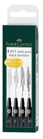 Faber-Castell Pitt Artist Color Pen Set - Pack Of 4, Xs, S, F, M, Fine, Black